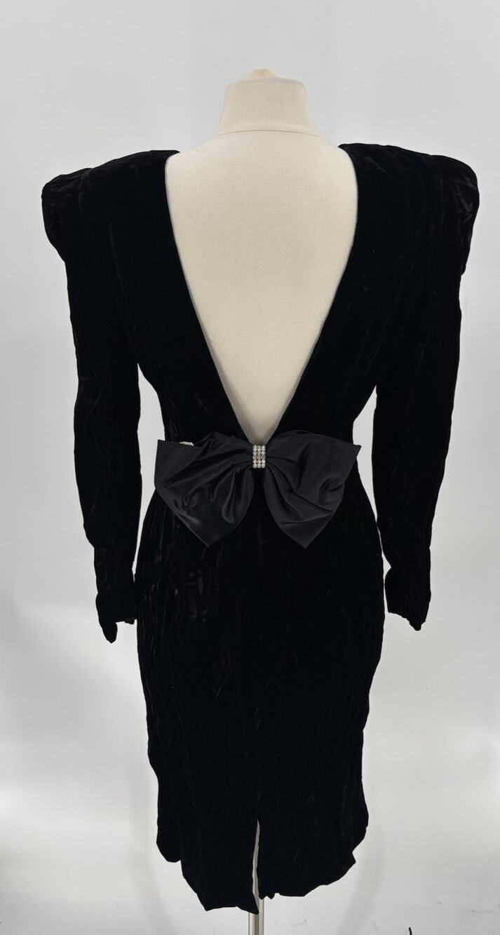 Late Edition Vintage Dress Womens 12 Black Velvet 90s Bow Puff Shoulders V Back